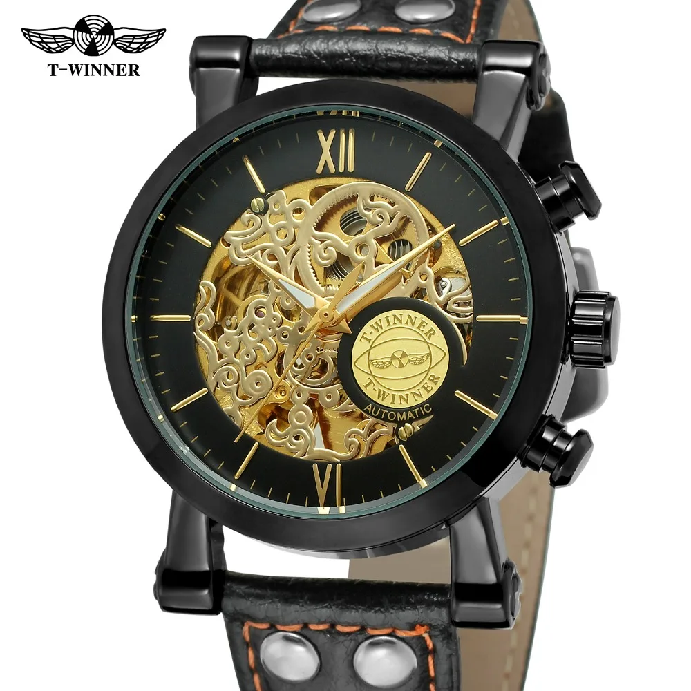

T-WINNER 2017 New Arrival Men's Stylish Skeleton Dial Automatic Mechanical Leather Strap Wrist Watch with Bars Index WRG8122M3
