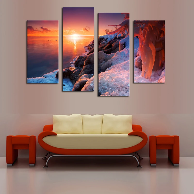 2017 Oil Painting 4 Panels Unframed The Setting Sun Picture HD Canvas Print Poster Artwork Wall Art Wholesale | Дом и сад