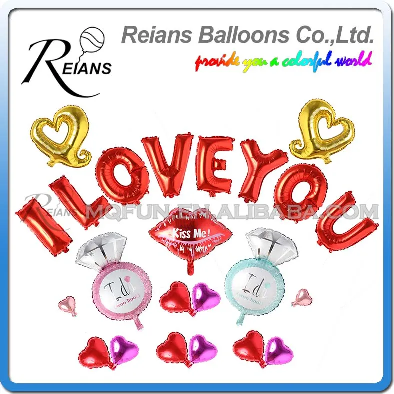 

10 Set Reians Cartoon Diamond Ring Kiss Me I LOVE YOU Party Heart Decoration Letter Number Helium Air Aluminum Foil Balloons Set