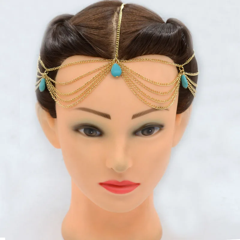 Women Bridal Wedding Gold Silver4 Layer Chain Tassel Blue Stone Bead