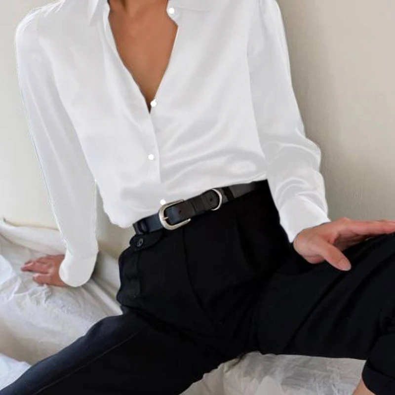 Женская модная блуза из атласа с длинным рукавом, корейские уличные рубашки,, элегантные офисные женские топы, шелковые блузы 5XL