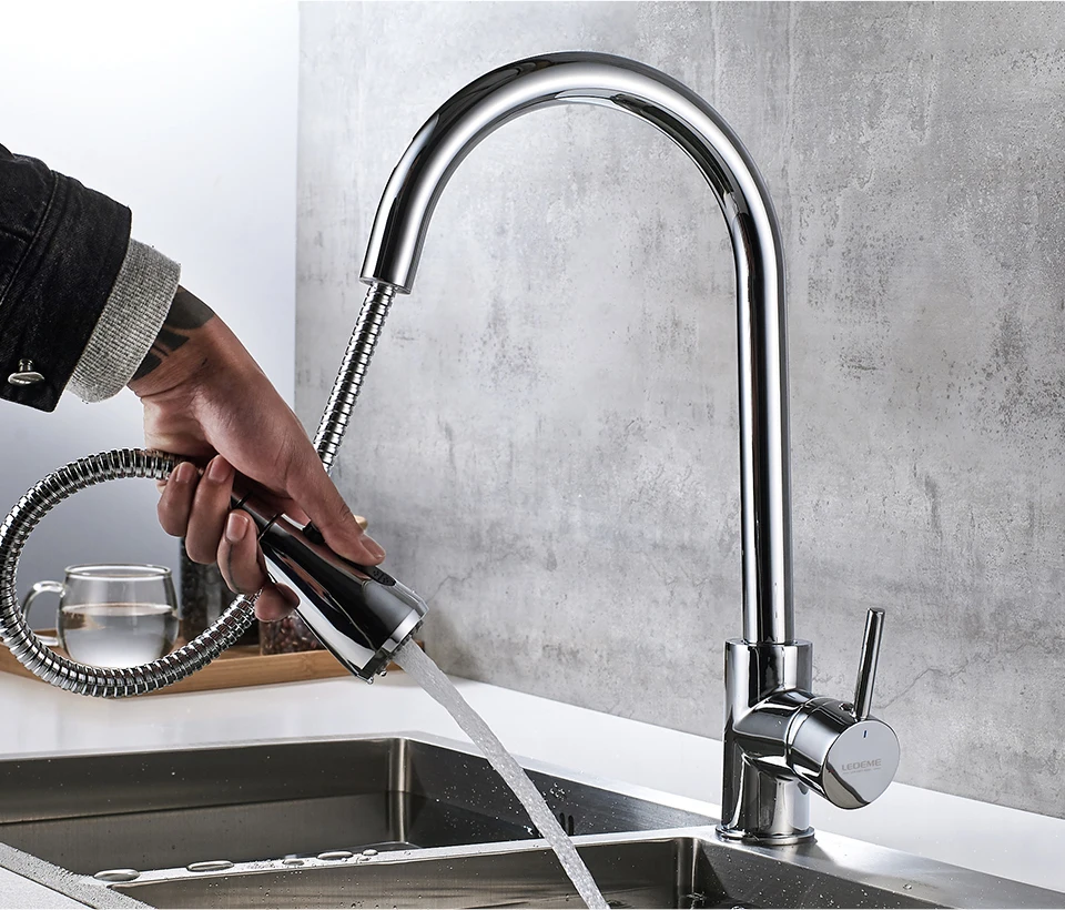 LEDEME Single Handle Kitchen Faucet Mixers Sink Tap Pull Out Multi Water Outlet Kitchen Faucet Modern Hot and Cold Water L6155