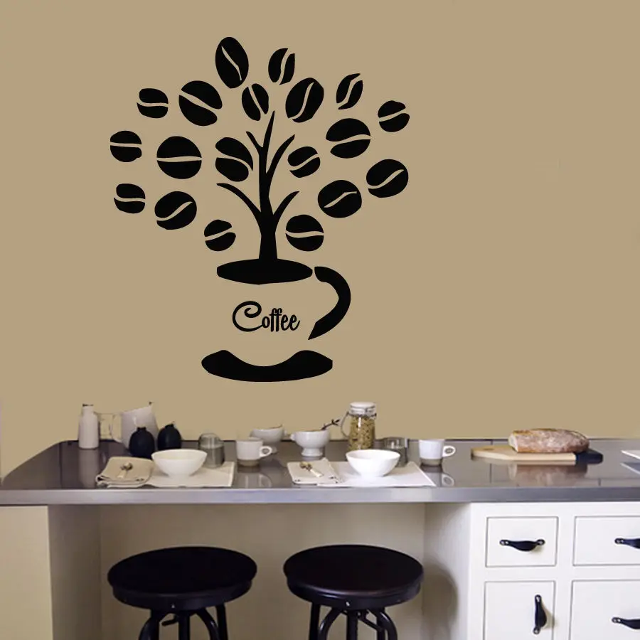 Wall Decals Cup Coffee Beans Tree Decal Vinyl Sticker Cafe Kitchen
