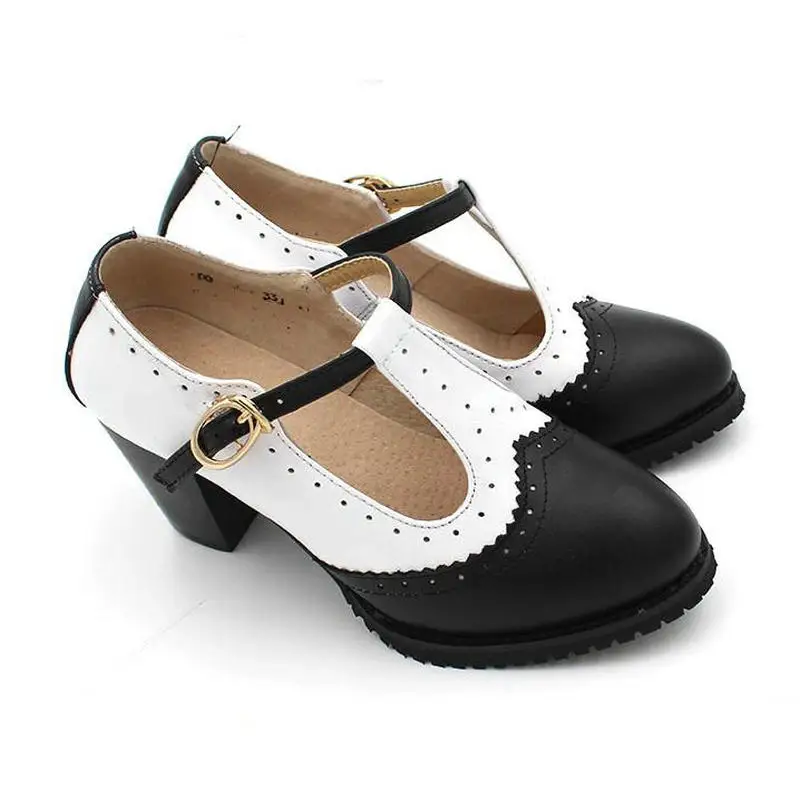 Женская обувь в британском студенческом стиле; сочетающиеся цвета; туфли с Т-образным ремешком ручной работы из натуральной кожи; темно-синие туфли на высоком каблуке; размеры 34-43 - Цвет: black white