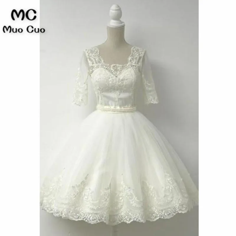 Elegant Square Half Sleeves White Ball Gown Homecoming Dress With Pearls Lace