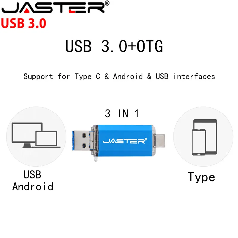 JASTER New 3 IN 1 OTG(Android&USB& Type_C) USB 3.0 flash drive Metal Custom Pen Drive 64GB 32GB 16GB 8GB 4GB Wedding Gifts