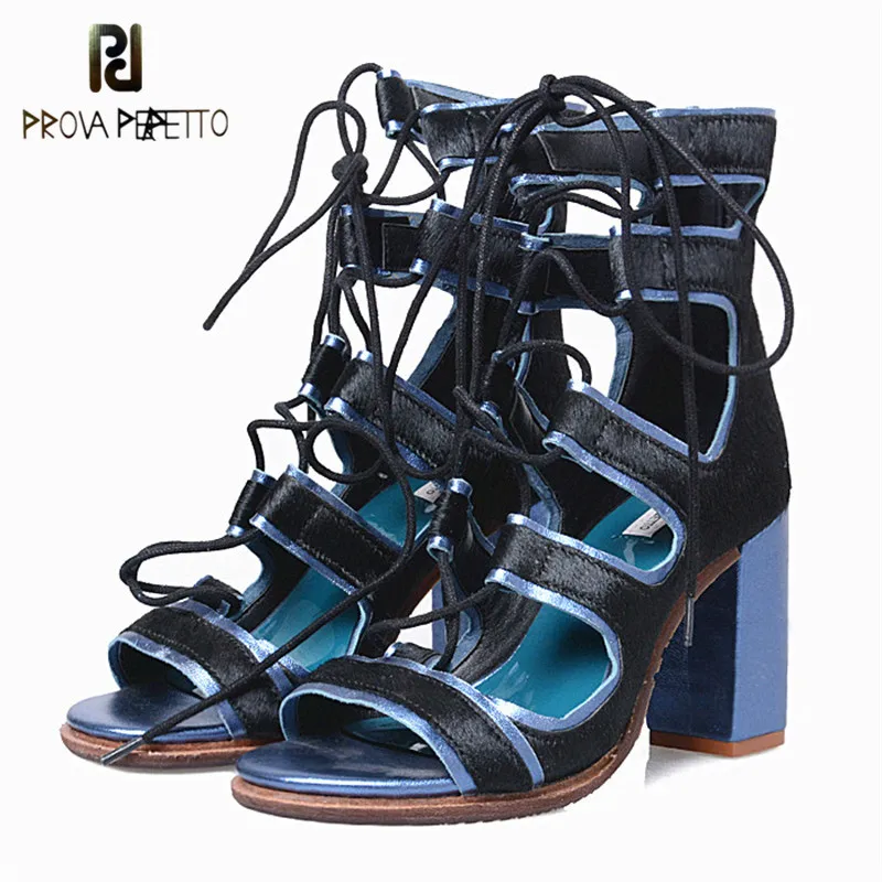 

Prova Perfetto Fashion Horse Fur Genuine Leather Cross-tied Lace Up Boots Rome Style Chunky High Heel Woman Sandal Boots
