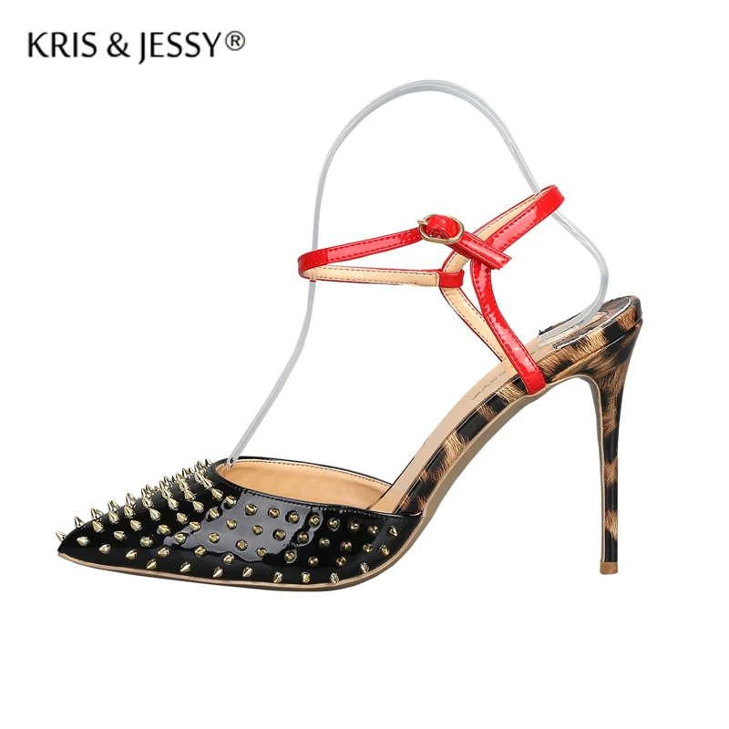 

Leopard Black Shiny Leather Rivets Studs Woman Sandals Pointed Toe Ankle Straps Thin High Heels Lady Dress Party Shoes