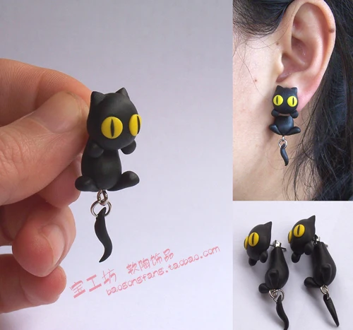 Diy Polymer Clay Soil Earring Accessories Black Cat Ear Stud Diy Polymer Clay Soil Earring Accessories Black Cat Ear Stud Personality Fashion Earrings