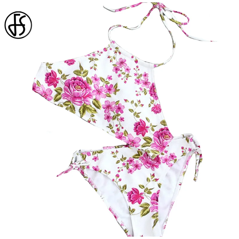 FS Floral Printed Pink 2017 Halter Bikinis Set Backless Swimwear Women