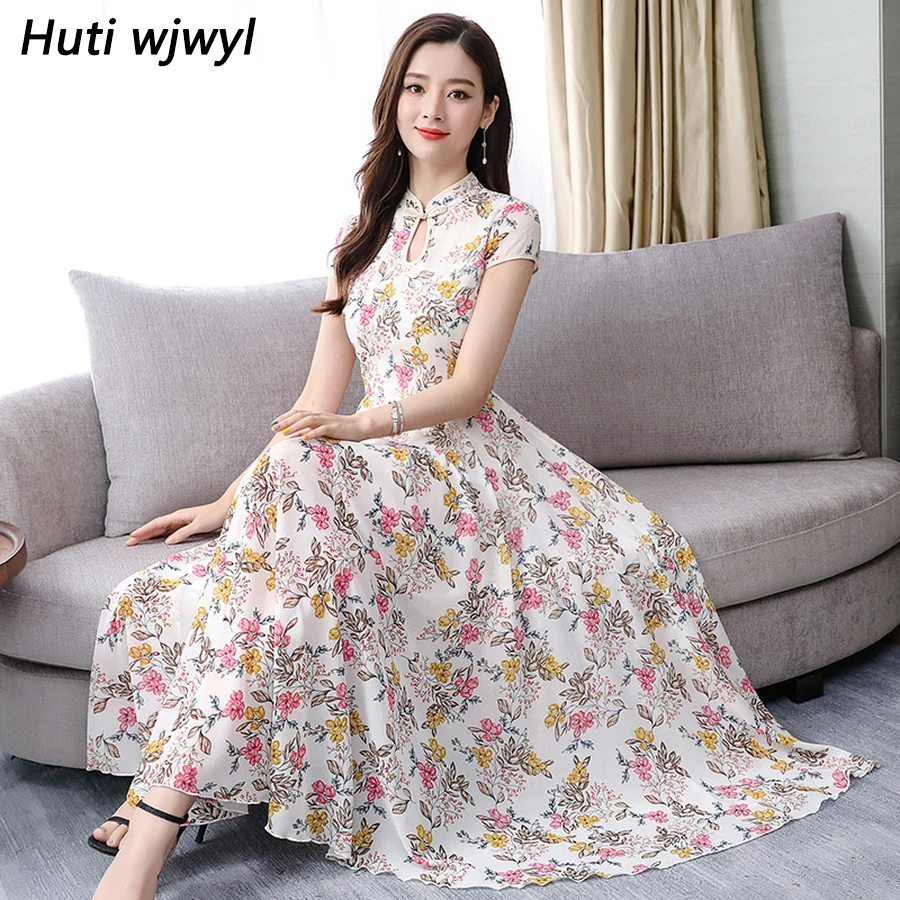 

2019 Elegant Women Chinese Style Chiffon Maxi Dresses Bodycon Party Vestidos Summer Vintage 3XL Plus Size Print Beach Sundress