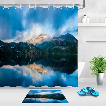 

Blue Sky White Could Mountain River Landscape Shower Curtain set hooks Bathroom Curtain Waterproof Polyester Fabric Bathroom mat