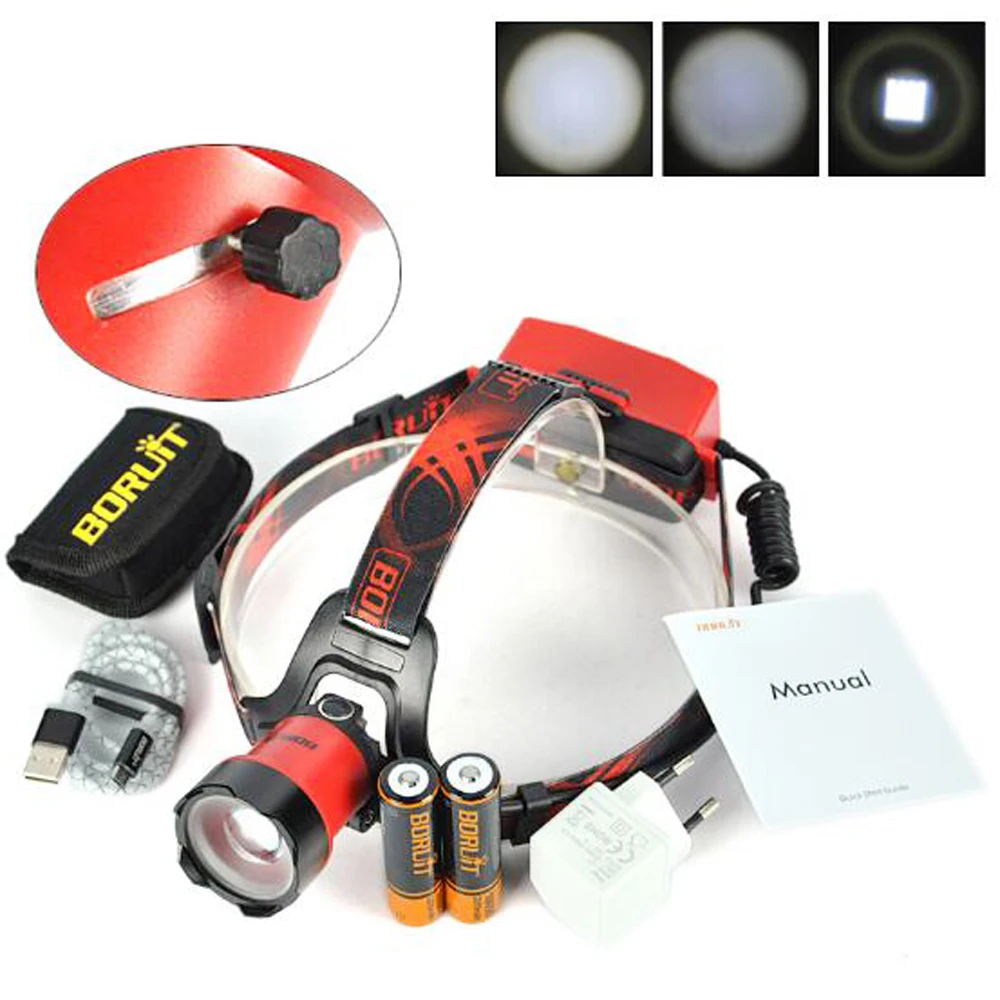 

BORUIT B13-A 1xCREE XM-L2 1200 Lumens 3-Mode Intelligent Light Sensation USB LED Headlamp+2x18650+1xUSB Cable+1xCase+1xPlug