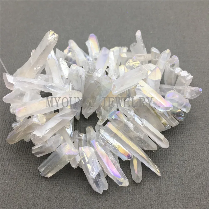 MY0582 Natural Raw Crystal Titanium White Quartz Stick Beads,Spikes Point Top Drilled Necklace Making Beads (2)