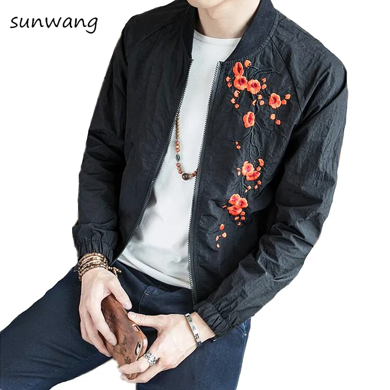 

Bomber Jacket Men Casual Jacket Coat mens jackets and coats Chinese Style Plum blossom Embroidery 2019 Spring Plus Size M-5XL