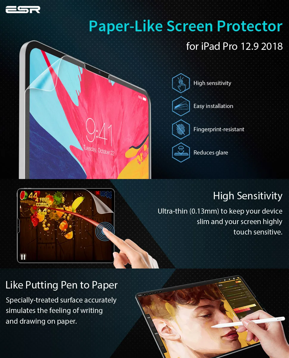 2 шт./лот ESR бумажный протектор экрана для iPad Pro 12,9 Антибликовая матовая ПЭТ-пленка Поддержка Apple Pencil для iPad Pro 12,9