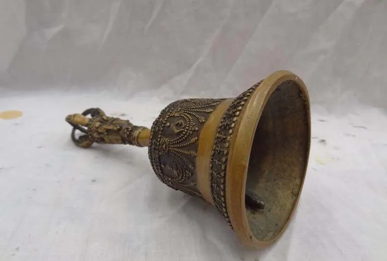 9/" China Bronze Buddhism Auspicious Dragon Head Man Statue Temple Bell