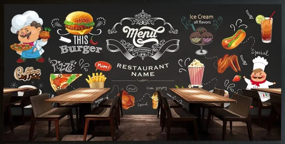 Профессиональные пользовательские 3D обои HD ручная роспись западный ресторан серия бургер магазин-высококачественный водонепроницаемый