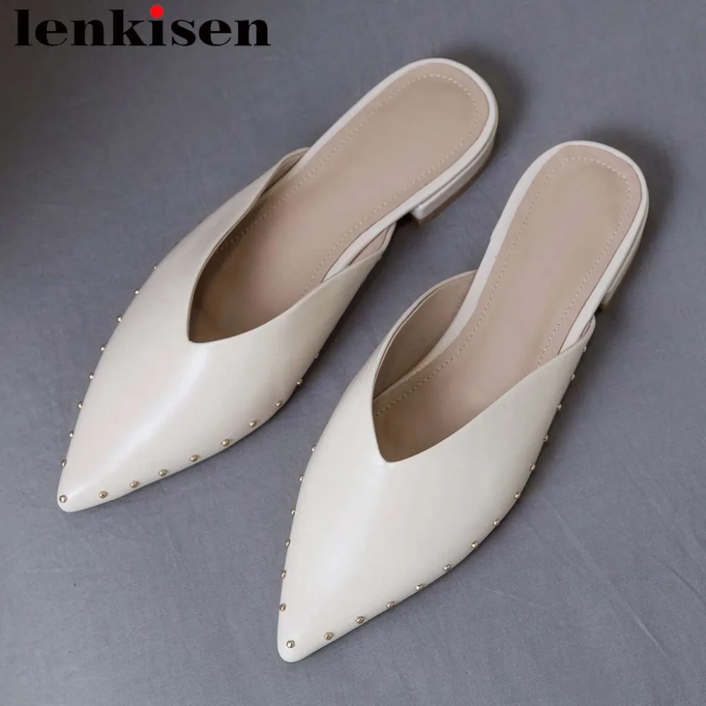 

Lenkisen full grain leather low heels slip on mules rivets original design pointed toe simple style clubwear dating pumps L27