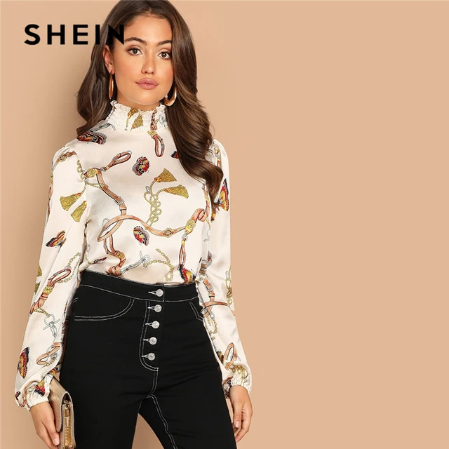 Download SHEIN Bishop Sleeve Mixed Print Mock Neck Multicolor Top ...