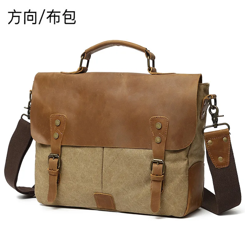 2019 جديد الرجال Crossbody حقيبة حقيبة قماش قنب الكمبيوتر يد عارضة حقيبة خمر جلد رجل حقيبة