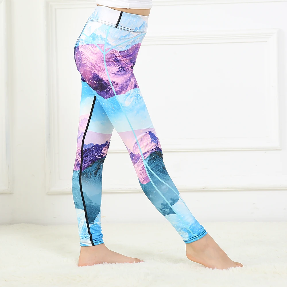 FRECICI Girls yoga leggings Snow Mountain blue purple galaxy prints