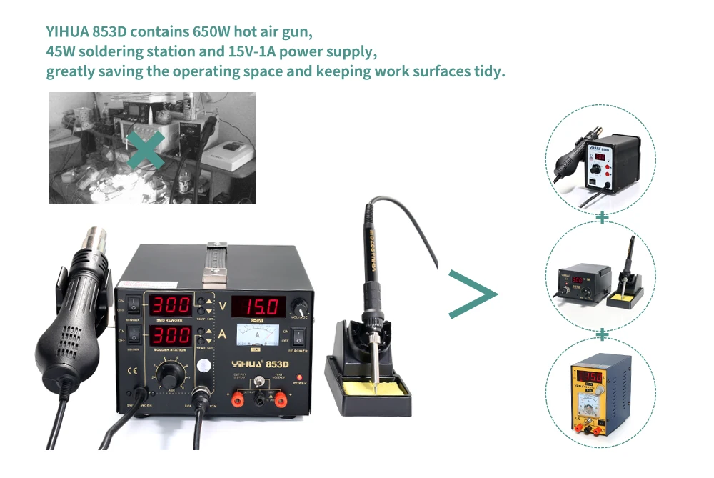 YIHUA 853D паяльная станция 3 в 1 SMD паяльник станции с DC Блок питания горячий воздушный пистолет паяльная станция паяльные инструменты