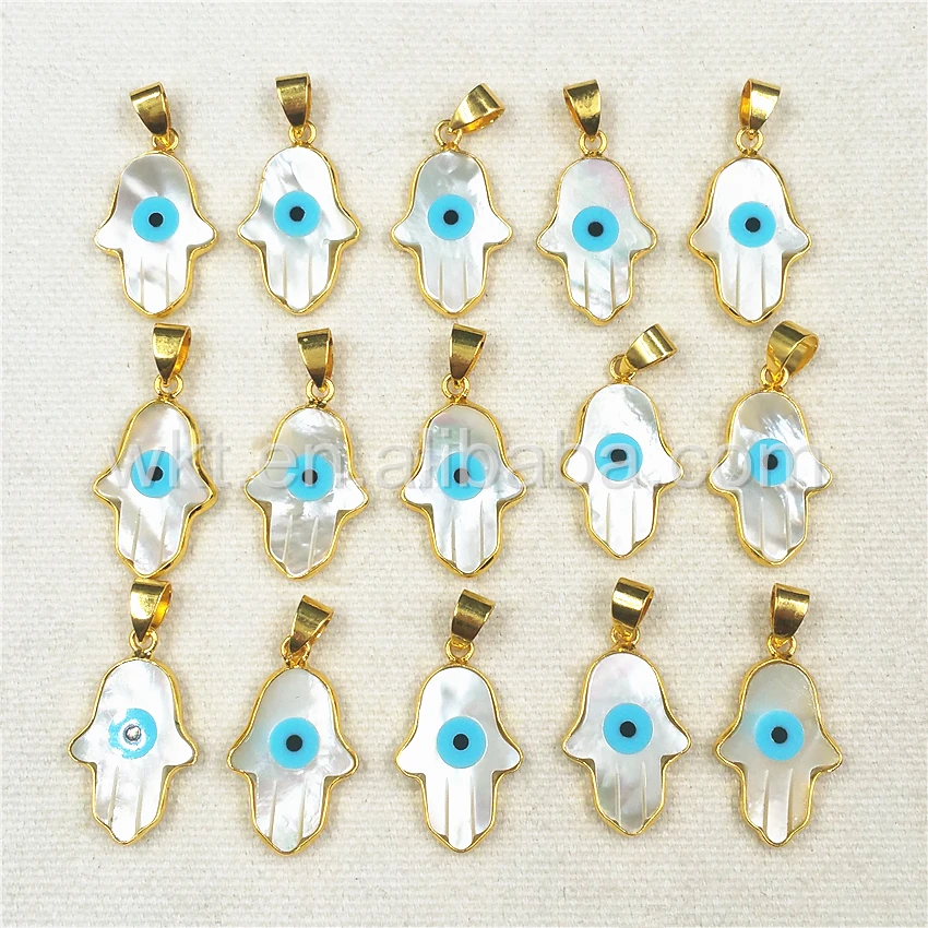 

WT- P883 Gold Trim Palm Natural White Shell Evil Eye Pendant Hamsa Hand howlite Greek Eye Bead Gem stone Making Jewelry