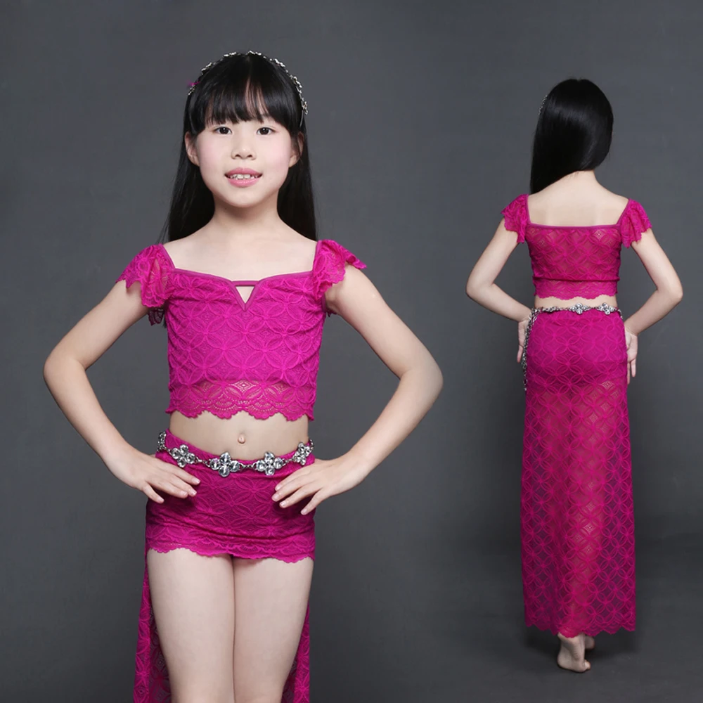 Children dance clothes lace top+long skirt 2pcs kids belly dance suit