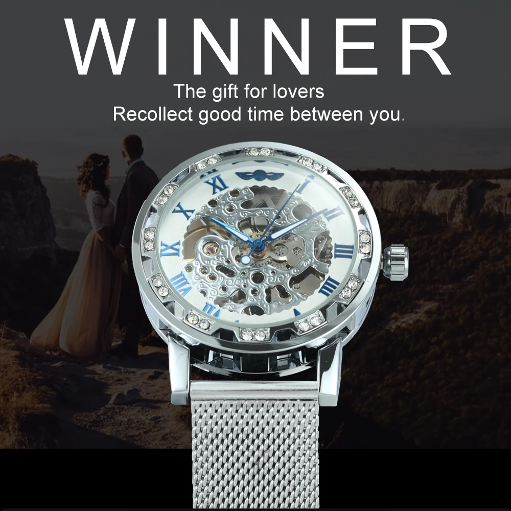 WINNER, официальный стиль, женские часы со скелетом, Лидирующий бренд, Роскошные, механические, с сетчатым ремешком, с кристаллами, со льдом, ультра тонкие женские часы
