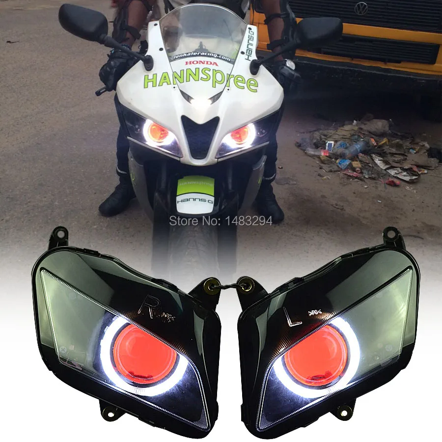 

Assembled Custom Modified 2.8"Big White Angel&W/ Red Demon Eyes HID Projector Conversion Headlight Fit For Honda CBR600RR 07-12
