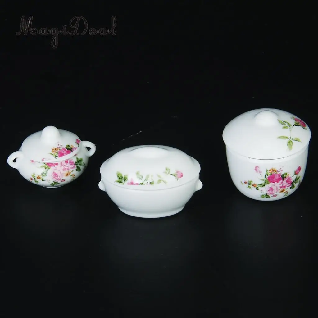 MagiDeal 3Pcs Doll House Kitchen Miniature Casserole Pot Bowl Lid with Floral Pattern for Interior Room Model Kids Role Play