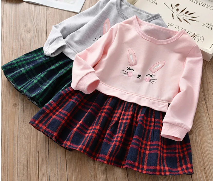 

Toddler Baby Girl Plaid Clothes Cartoon Bunny Print Patchwork Dress Outfits embroidery Clothes Dress for Girl