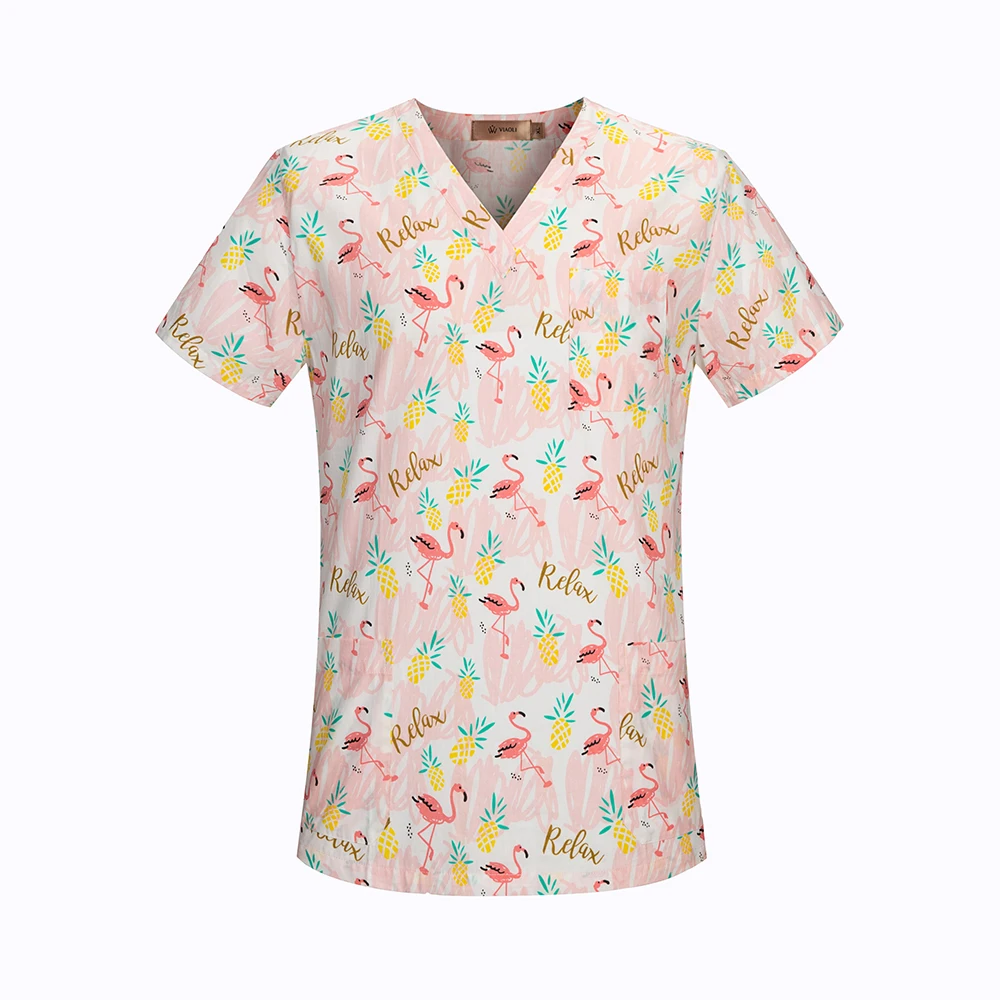 viaoli Cotton Cartoon print spa uniform beauty salon Pet shop uniform Fashion Slim Fit top scrub clothes women scrubs lab coat