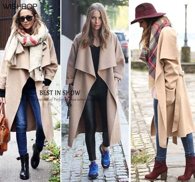 

2018 Autumn Bloggers Fashion New Camel Color Handmade Wool Long Trench With Big Pointed Lapels Drop Shoulder Coat Belted