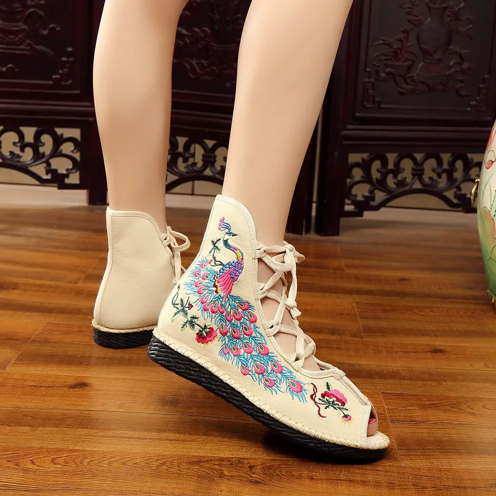 Veowalk Peacock Embroidered Women Peep Toe Gladiator Canvas Sandals Chinese Handmade Lace Up Ladies Summer Fabric Flat Shoes women sandals