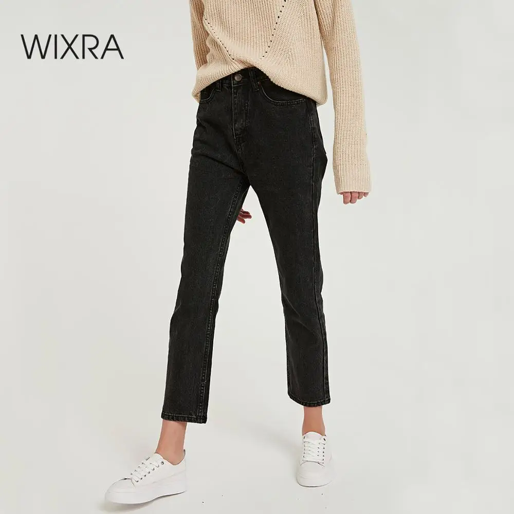 

Wixra Solid Casual Women's Denim Pants High Waist Pockets Classic Jeans Trousers 2019 New Spring Autumn Ladies Clothing