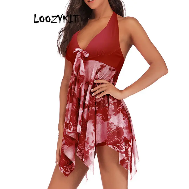 

LOOZYKIT 2019 Women Fashion Printed Bikini Tankini Set Halter Asymmetric Hem Swimdress Padded Beachwear Push Up Plus Size Bikini