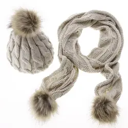 Зимняя теплая шерсть Шапки шарфы костюм Шапки для Для женщин трикотажные из двух частей для девочек одноцветное Цвет женский шерстяной
