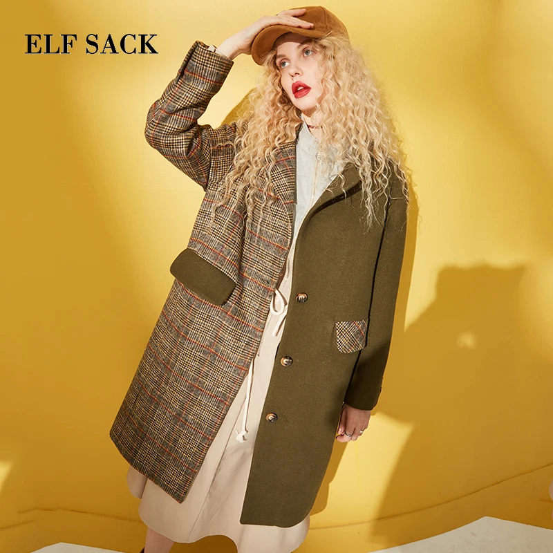 ELF SACK Winter New Woman Wool Coat Plaid Full Turn-down Collar Female Wide-waisted Jackets Casual Vintage Femme Wool Jacket