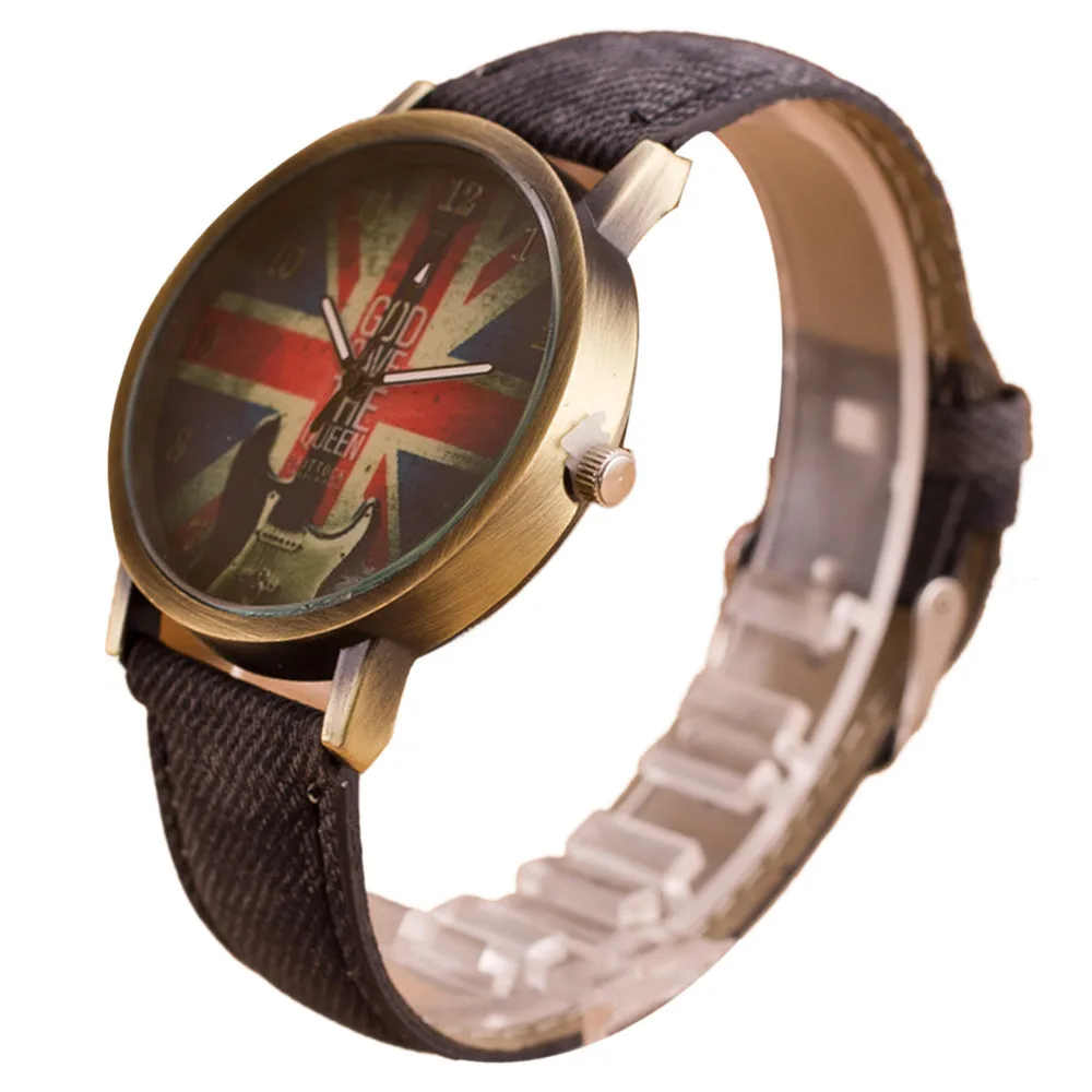 Кварцевые часы для женщин и мужчин, женские часы с рисунком британского флага, винтажные часы с музыкальной гитарой, кожаный ремешок, аналоговые кварцевые наручные часы Vogue