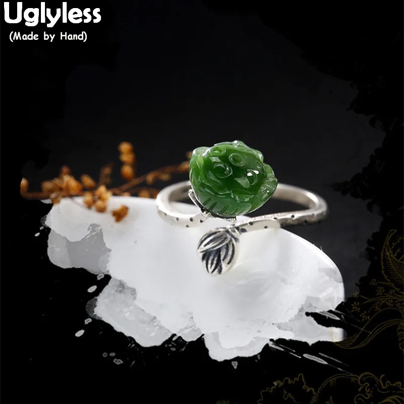 

Uglyless Real S 925 Sterling Silver Natural Green Jade Lotus Women Vintage Rings Handmade Jasper Floral Ring Ethnic Fine Jewelry