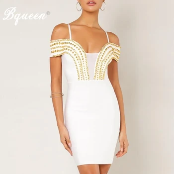 

Bqueen 2019 New Women Mini Dress Sleeveless Spaghetti Strap Beading Sexy Party Bandage Dress V-Neck Sheath Club Dress