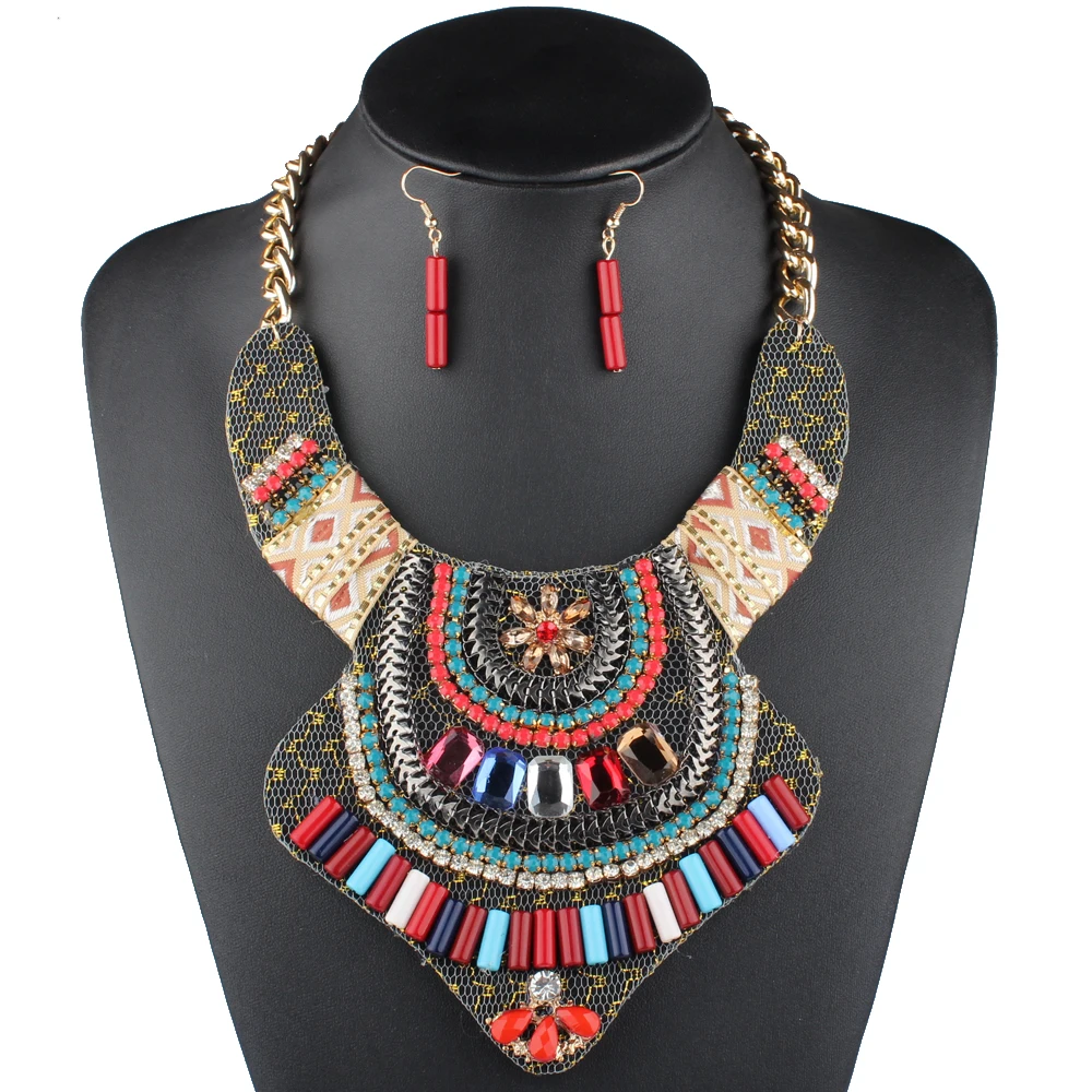 

Claire Jin Fashion Ethnic Jewelry Set Big Vintage Statement Choker Necklaces for Women Crystal Bohemian Necklace and Earrings