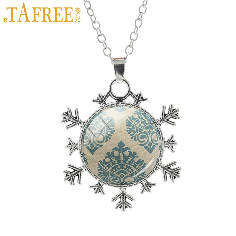 

TAFREE new retro Geometric art Bohemia Paisley glass gem snowflake pendant necklace Hippie Mandala women necklaces jewelry A386