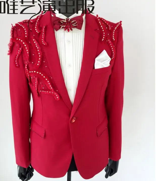 Autumn winter clothes men red suits designs masculino homme terno stage costumes for singers