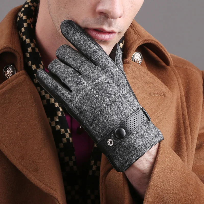 Genuine Leather Men Gloves Business Sheepskin Autumn Winter Plush