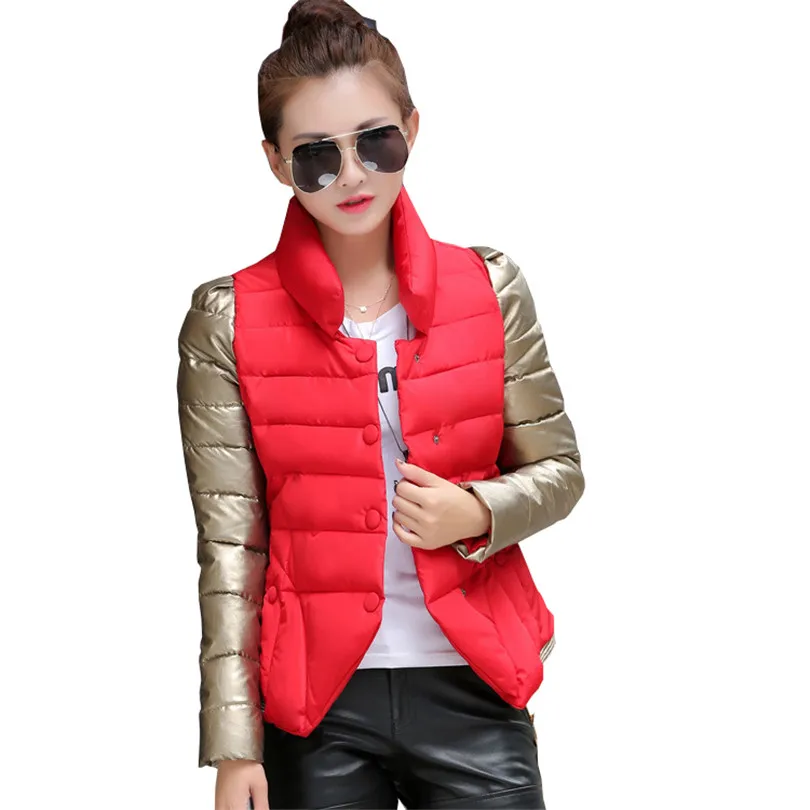 

2016 New Winter Warm Parkas Outerwear High Grade Cotton Short Down Coat Stand Collar Patchwork Thick Slim Padded Button Hot S271
