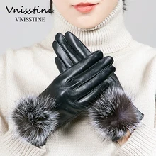 

Vnisstine Winter Women's Fox Fur Covered Genuine Leather Gloves Touch Screen Black sheepskin Mittens Valentine's Day gift
