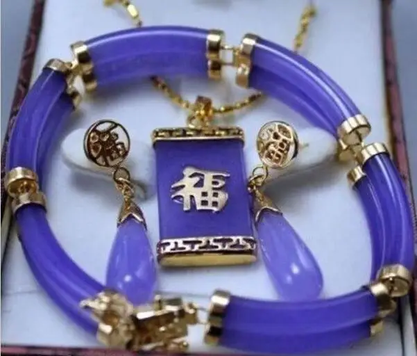 

Hot sale new Style >>>>Jewellery Genuine Purple Jade 2 Rows Bracelet Pendant Earring Set